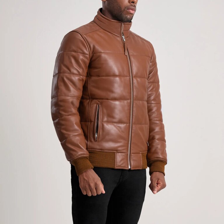 Mens Lucas Brown Leather Puffer Bomber Jacket Side Pose-3-1733732634078